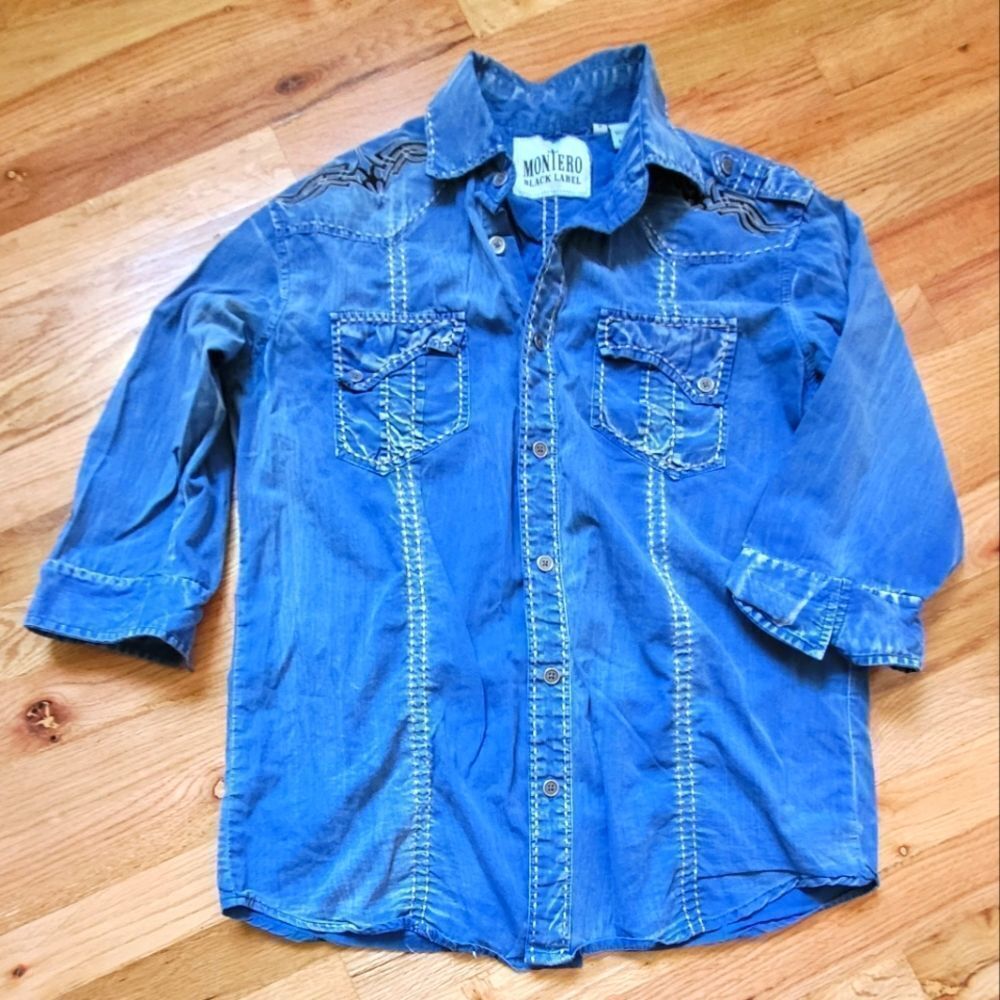Montero Black Label Exposed Stiching Denin Button Up Top Small